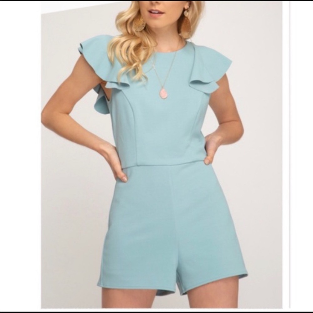 EUC She + Sky Knit Ruffle Flounce Romper Mint Green/Blue Size Small